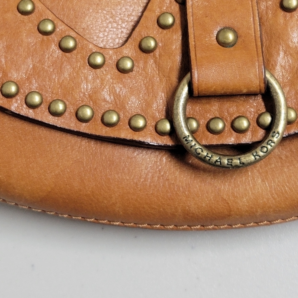 Michael Kors Vintage Studded Small Cognac Leather Saddle Shoulder Bag. - Picture 15 of 16